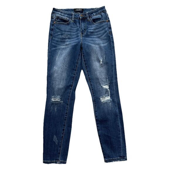 Judy Blue Denim - JUDY BLUE Relaxed Fit Mid Rise Distressed Jeans Sz 27 Ankle Dark Blue JB8271 DK